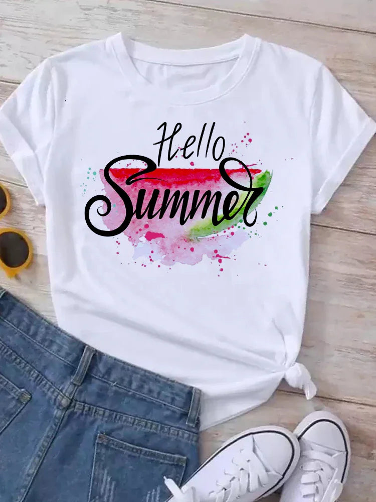 White short-sleeve t-shirt with a Hello Summer text graphic and watermelon slice print