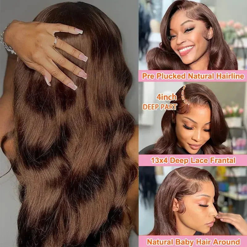 Chocolate brown body wave lace front wig worn by a woman with various styles and views