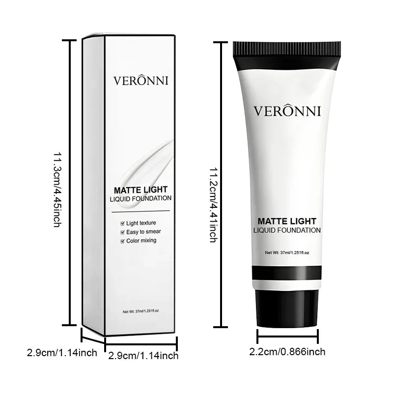 White liquid foundation tube and packaging with dimensions and measurement markings.