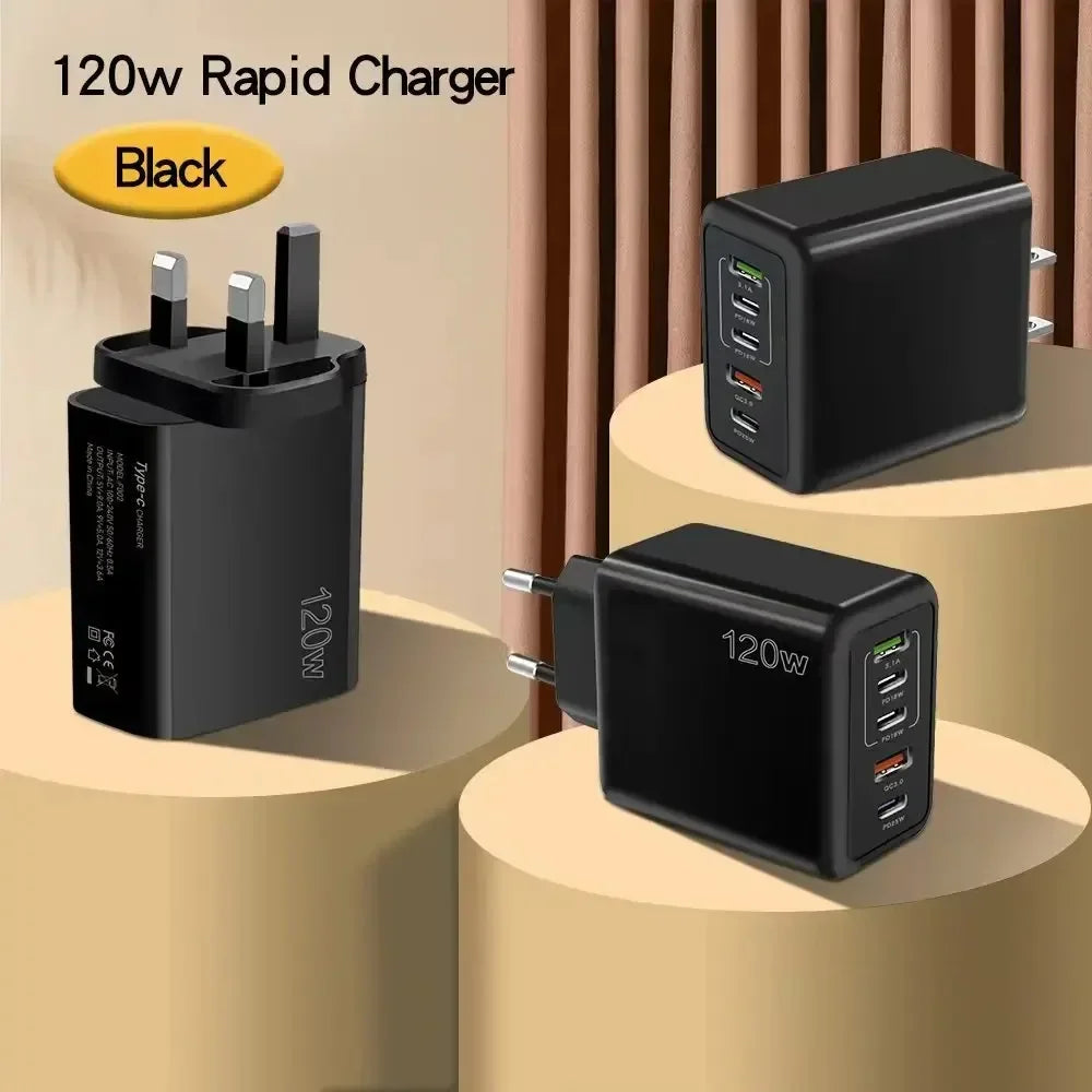 Black 120W multi-port fast chargers with different plugs on display stands