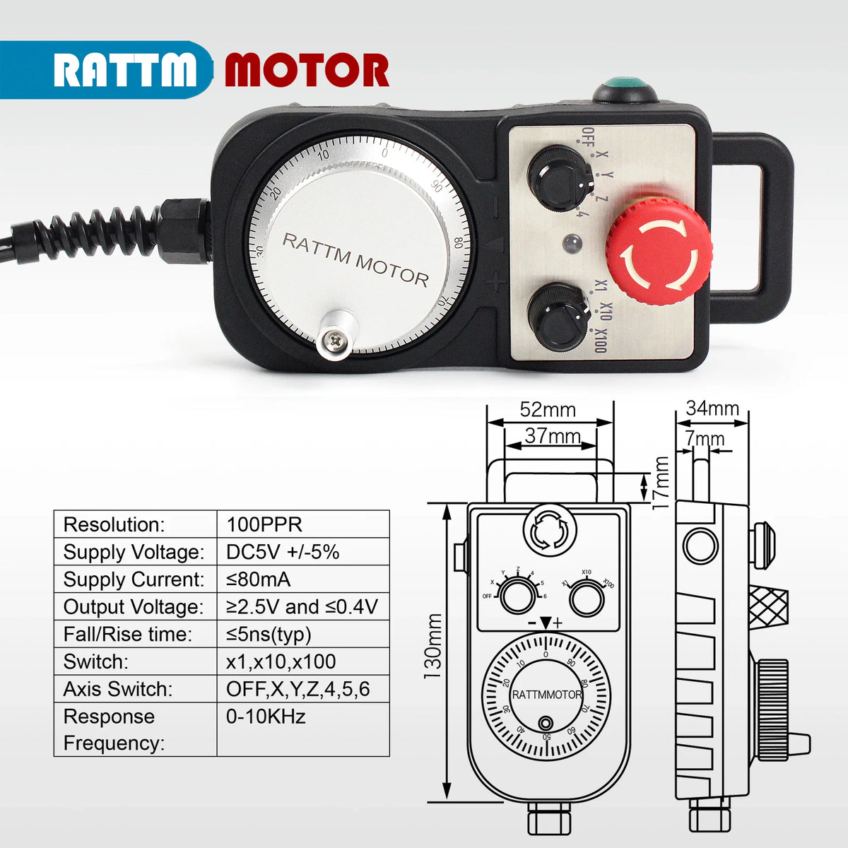 Handheld MPG pendant handwheel for CNC machines with technical specifications diagram.