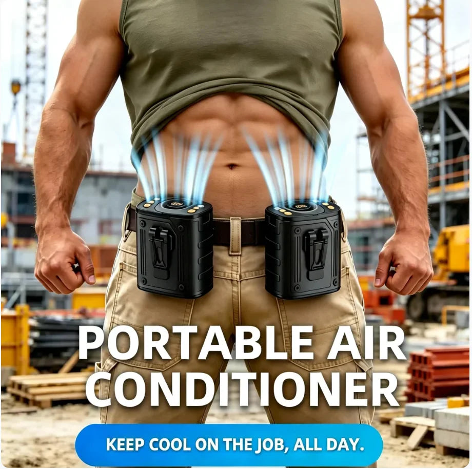 Portable waist fan in black worn by a man at a construction site