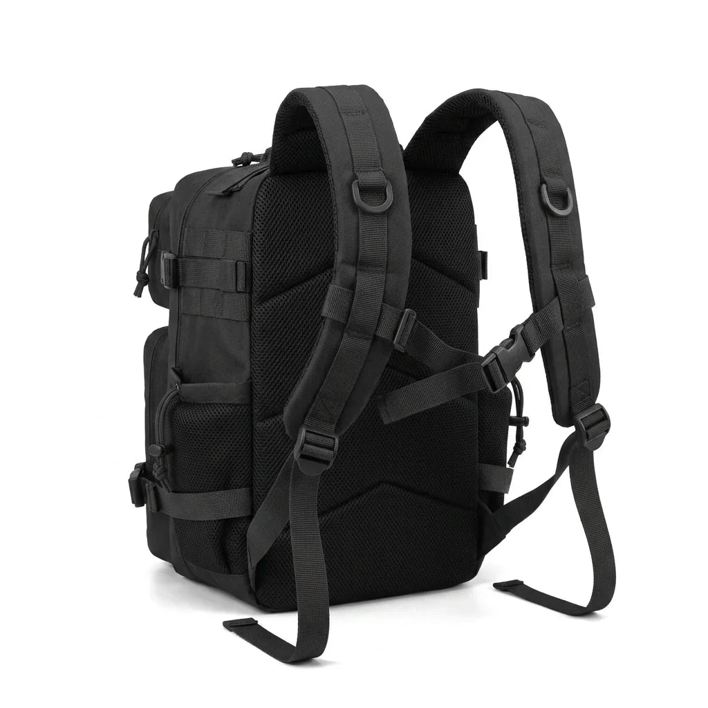 Black tactical backpack back view showing adjustable straps and breathable mesh padding.