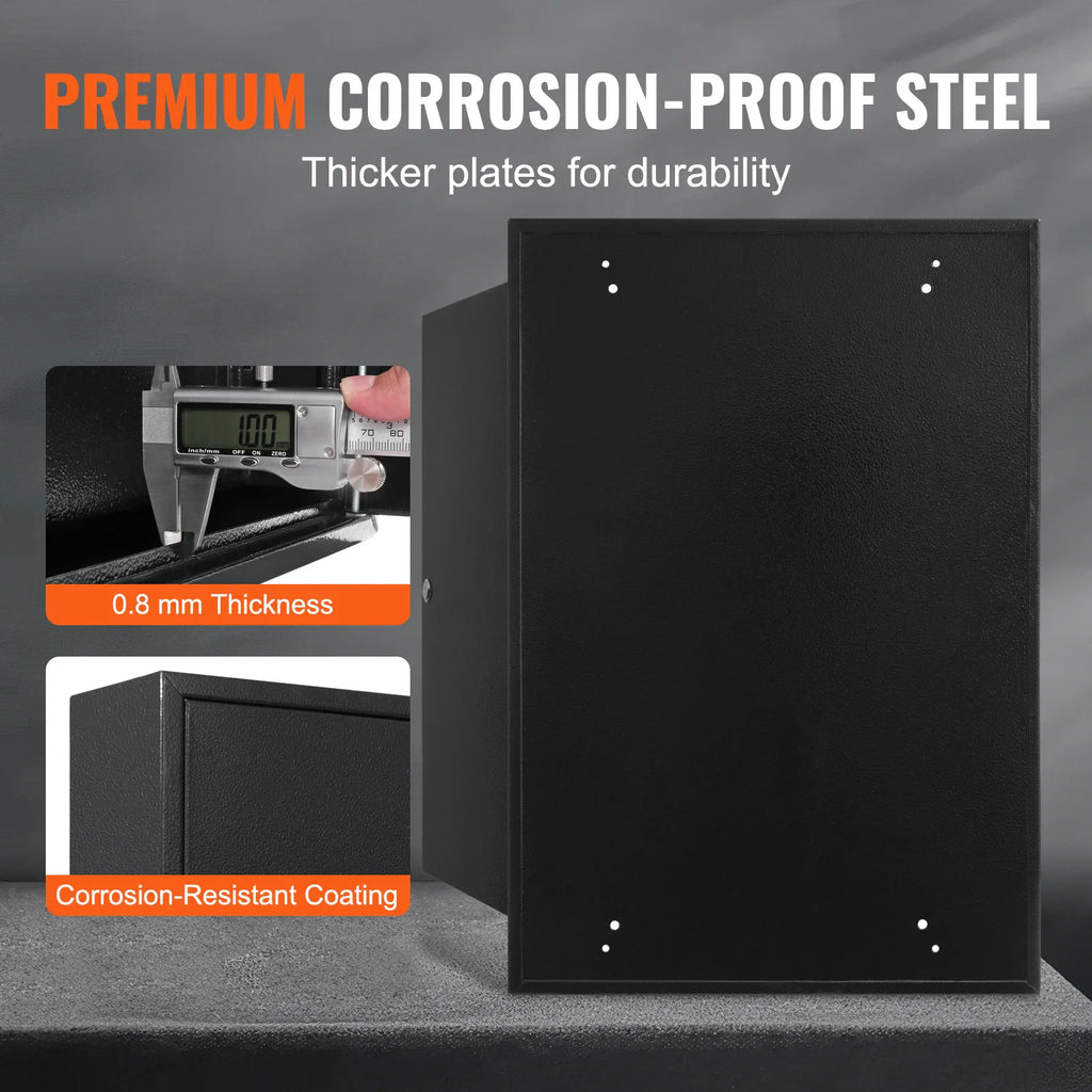 Side view of a black metal key storage cabinet showing 0.8mm steel thickness and corrosion-resistant coating.