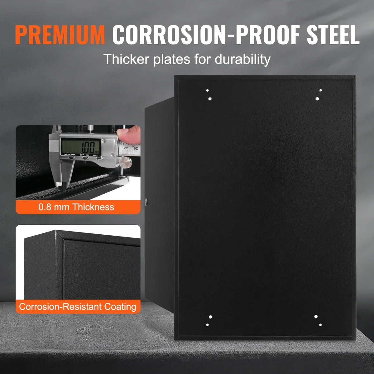 Side view of a black metal key storage cabinet showing 0.8mm steel thickness and corrosion-resistant coating.