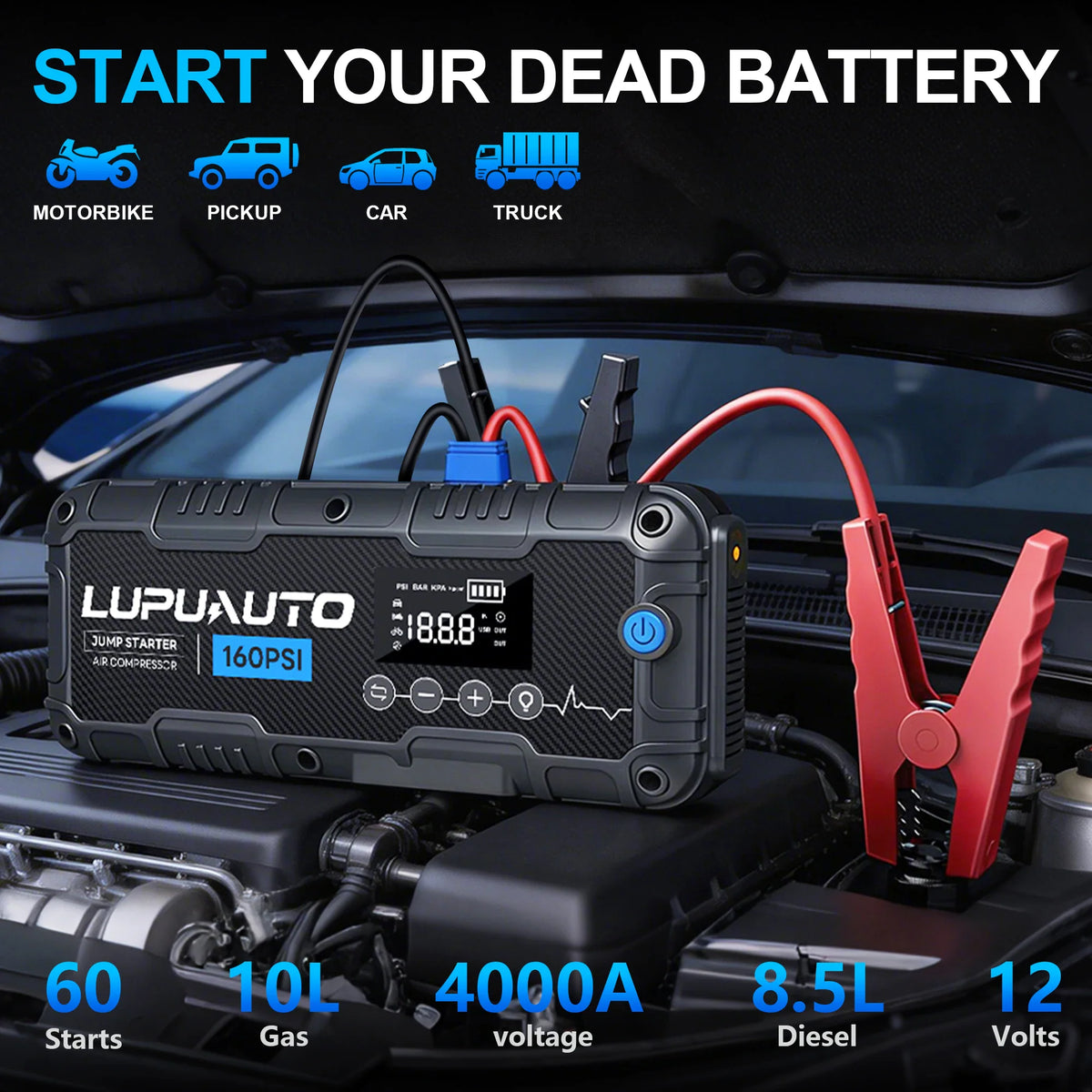 Portable car jump starter connected to a vehicle battery under the hood