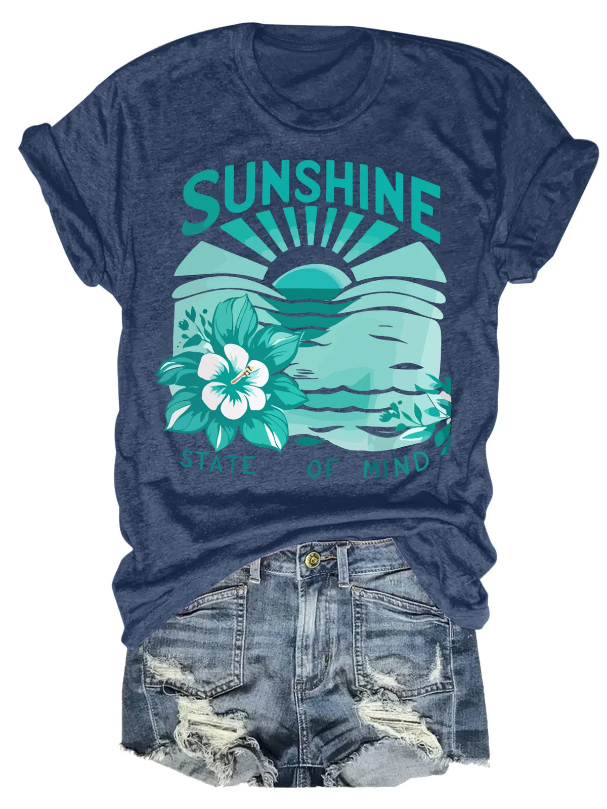 Navy blue t-shirt with sunshine graphic and hibiscus flower print
