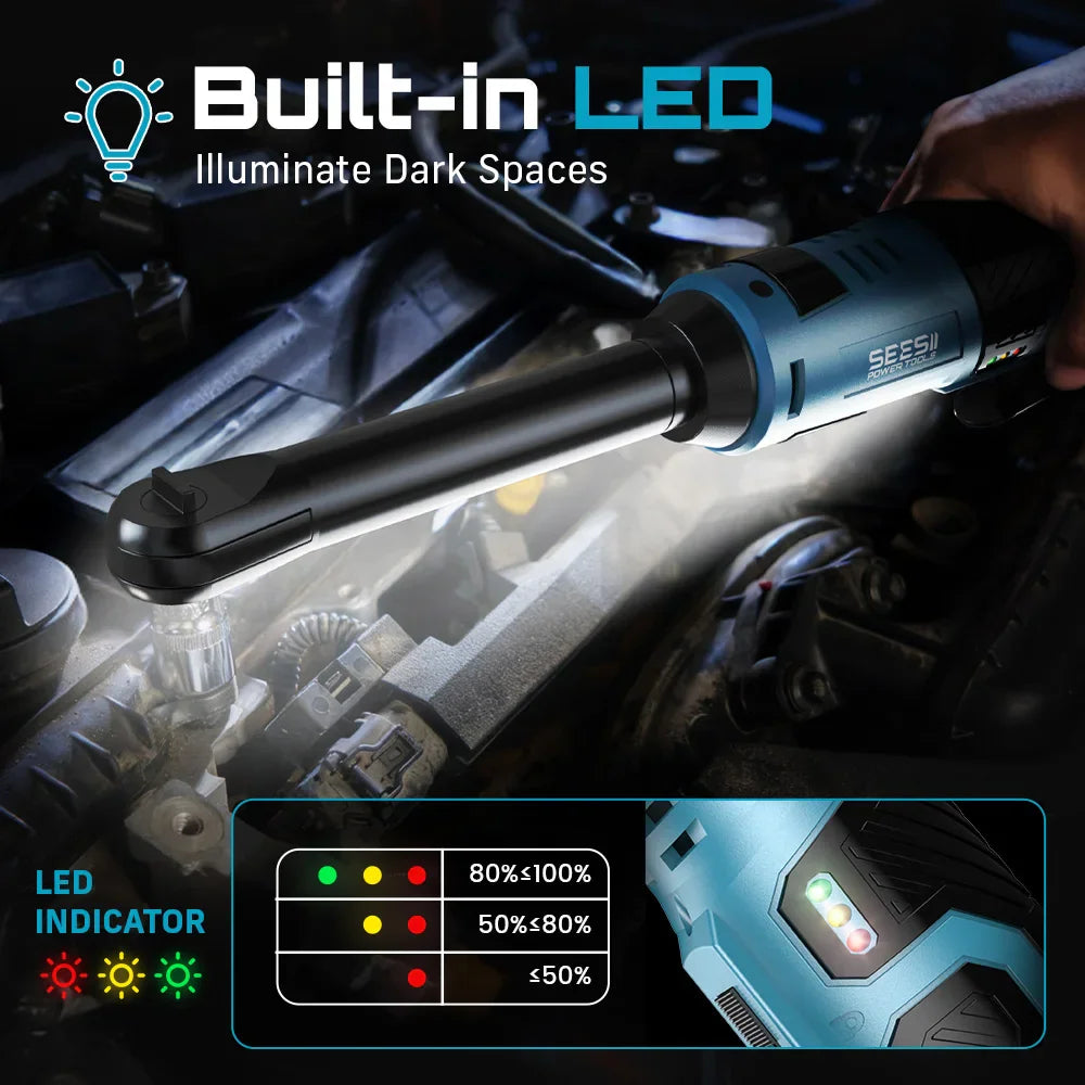 Electric ratchet wrench with built-in LED light illuminating a dark engine compartment.