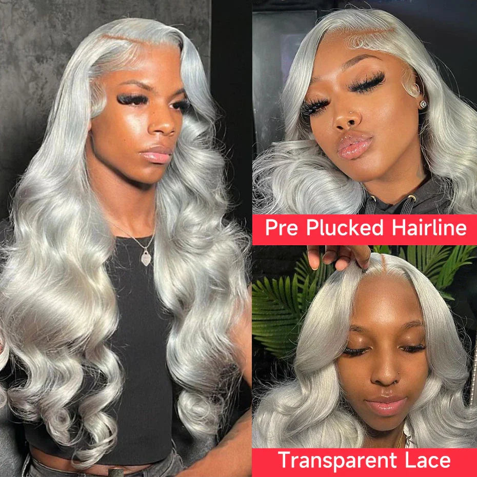 Silver grey body wave human hair lace front wig