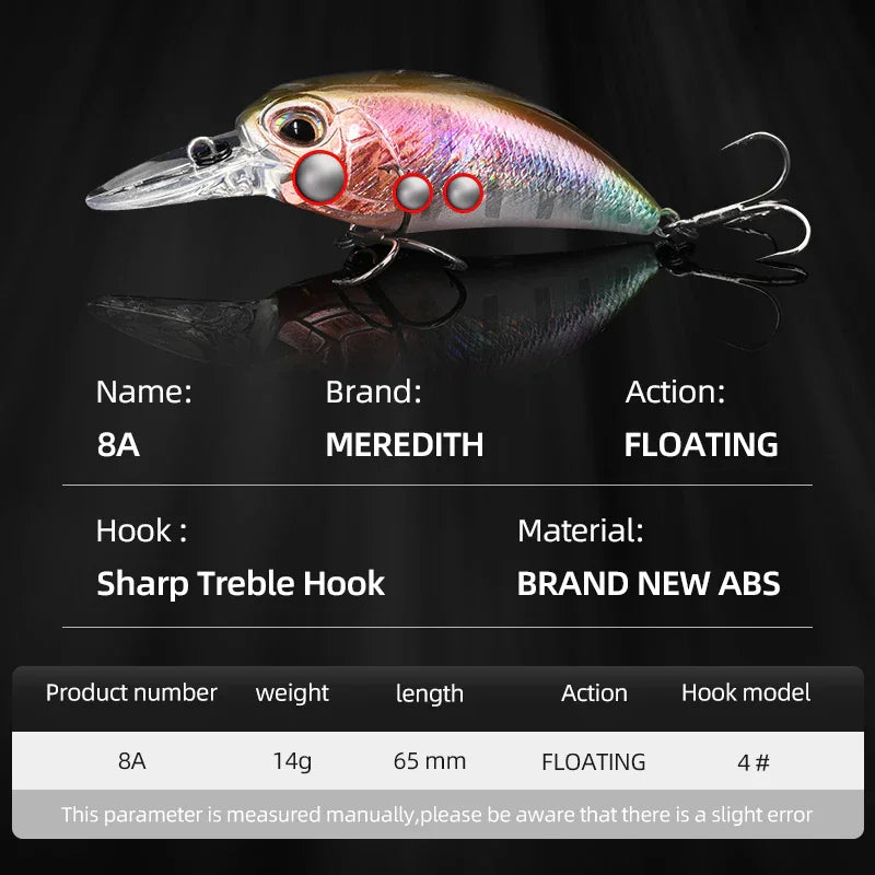 Floating crankbait fishing lure specifications chart with weight and length