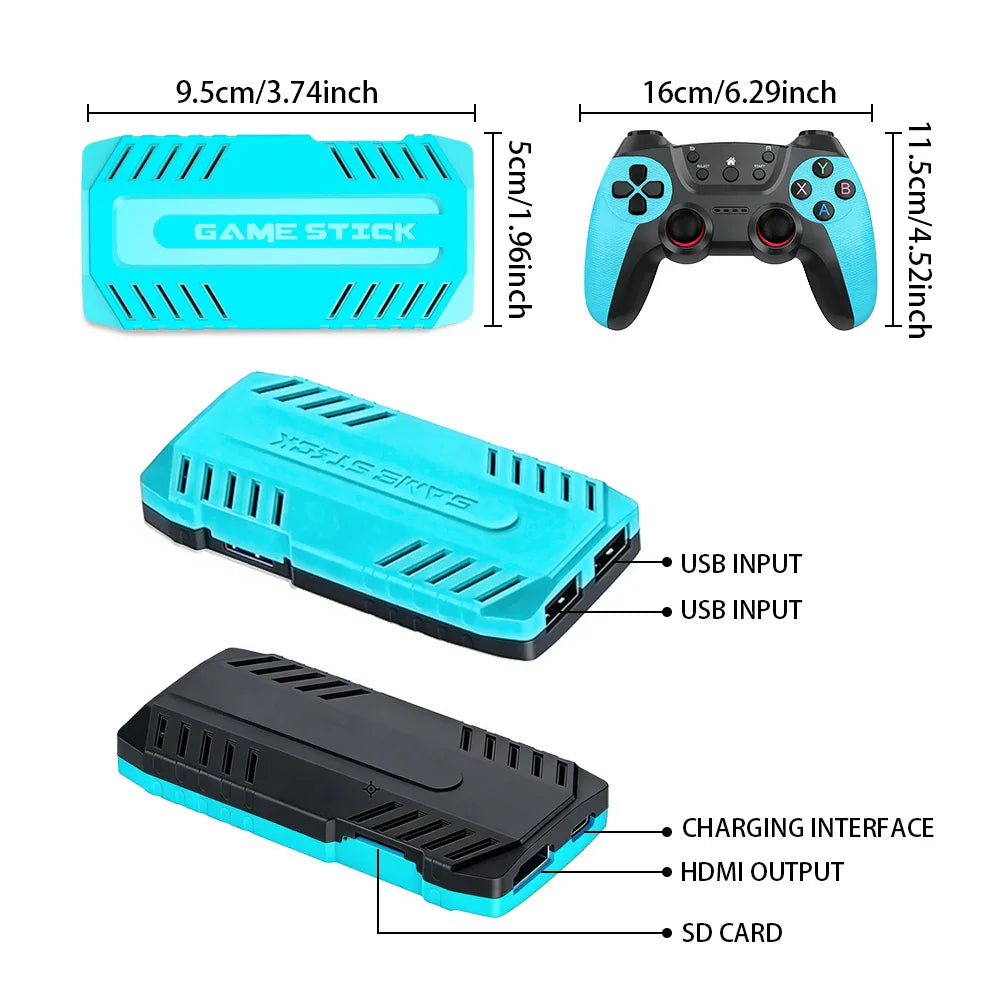Dimensions diagram of a light blue game console and a wireless controller with labeled ports