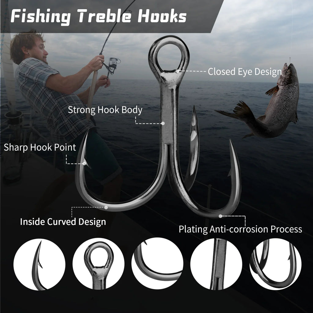 Treble fishing hook with callouts for features