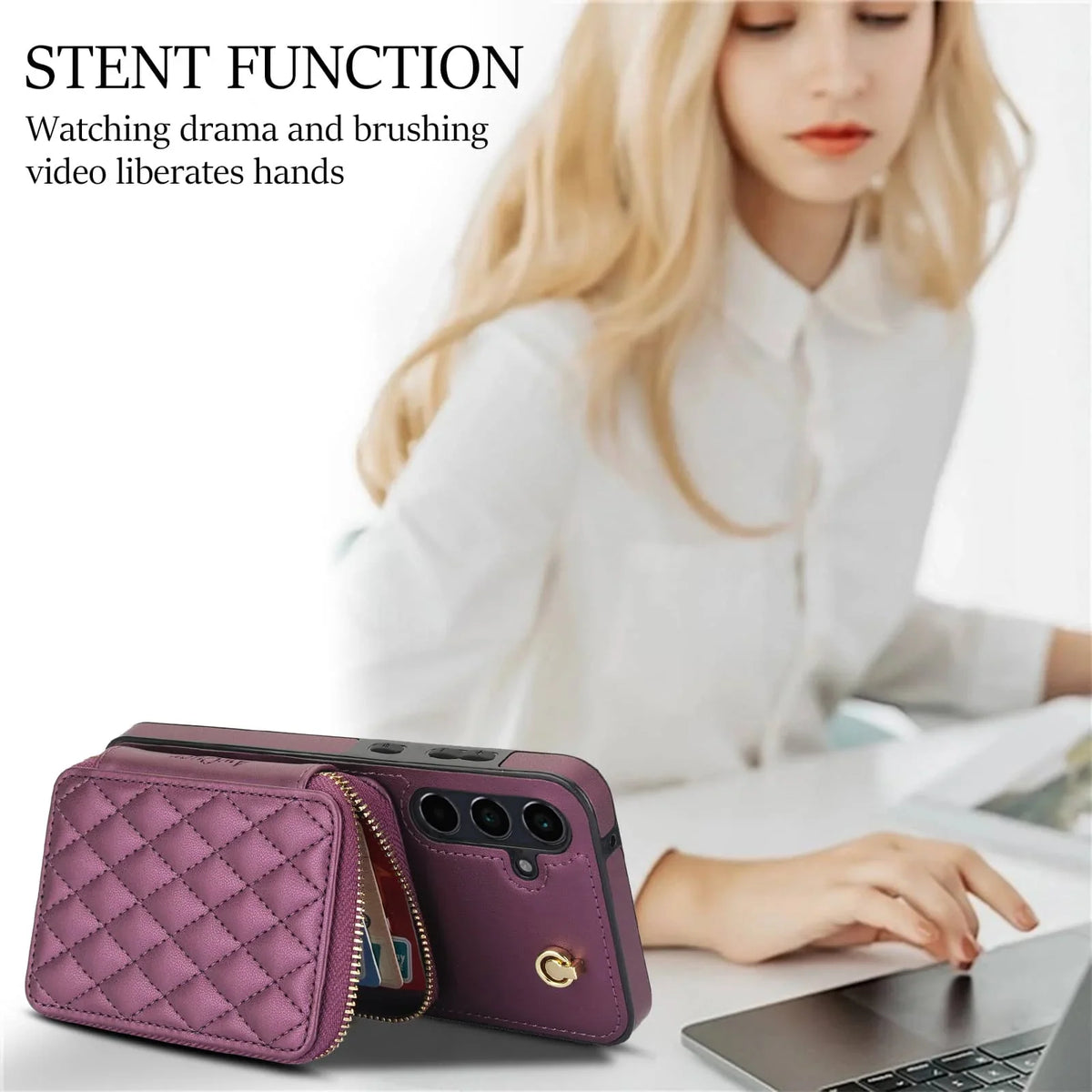 Purple quilted wallet phone case used as a phone stand