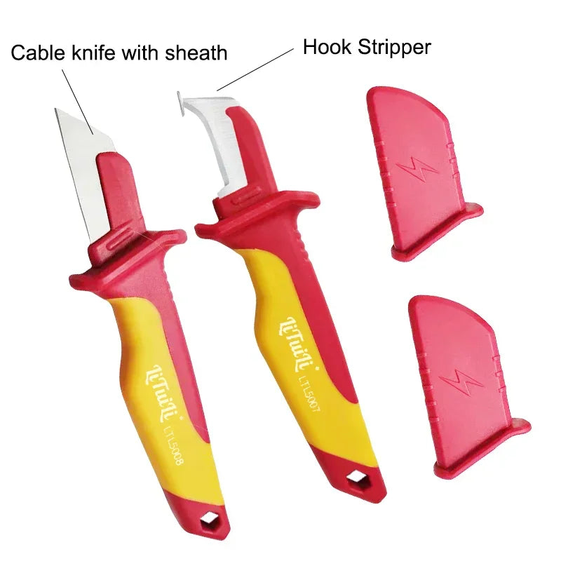 Two electrician knives with yellow and red handles and blade covers with text labels