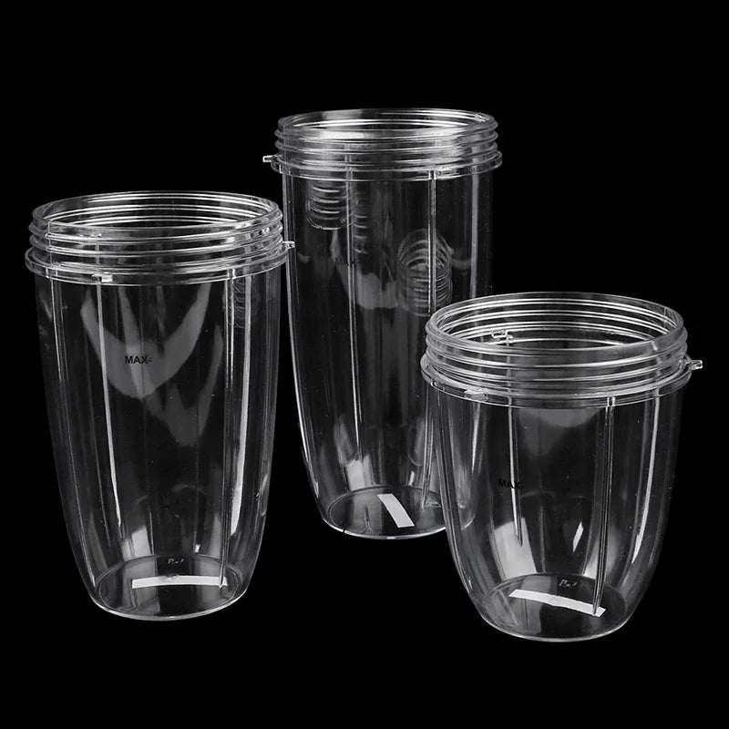 Three different sizes of clear plastic replacement blender cups for bullet-style juicers.