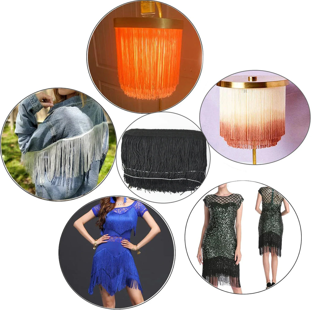A collage showing various uses of long tassel fringe trim on clothing, home decor, and lampshades