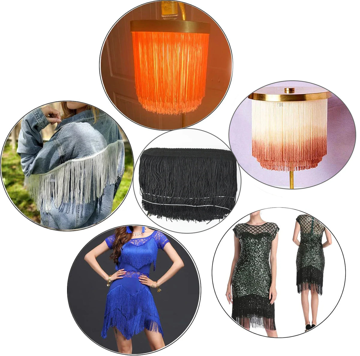 A collage showing various uses of long tassel fringe trim on clothing, home decor, and lampshades