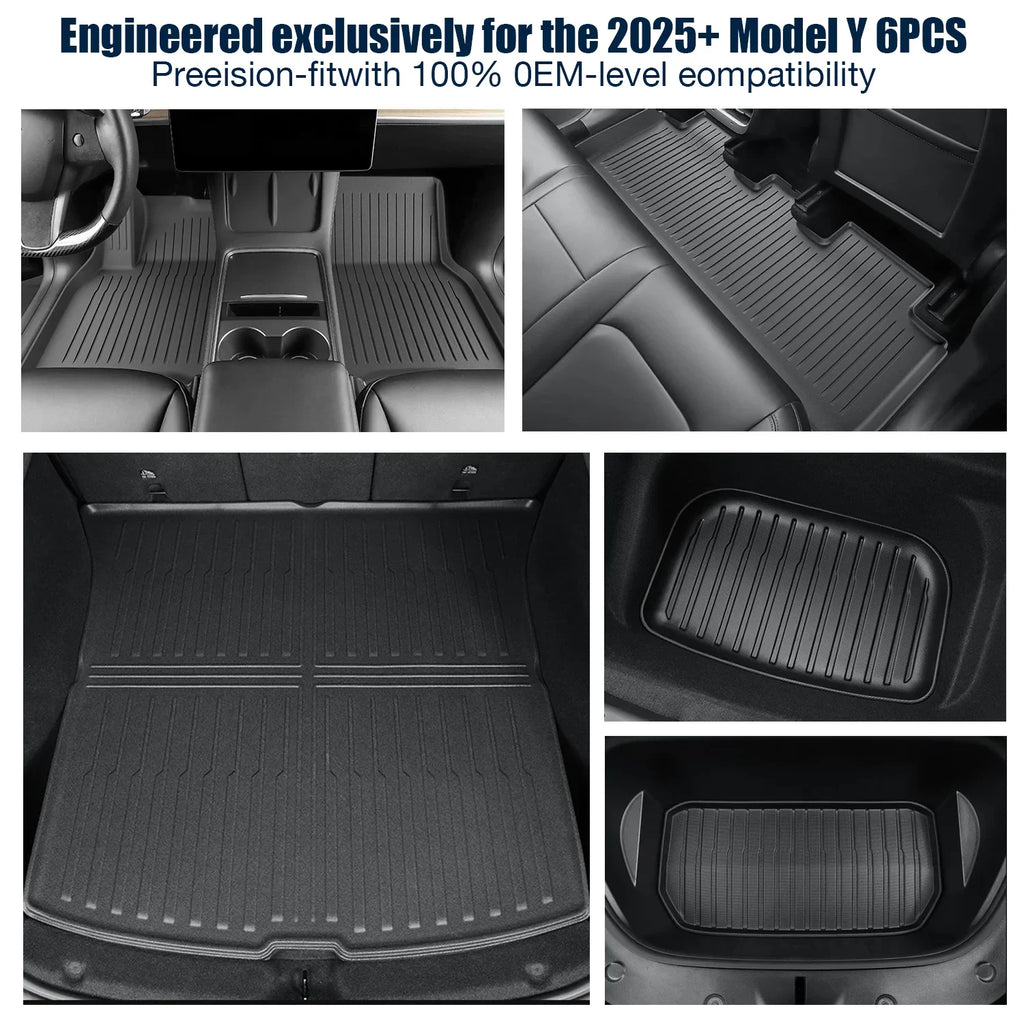 Detailed views of black all-weather TPE car floor mats installed in the front, rear, trunk, and frunk