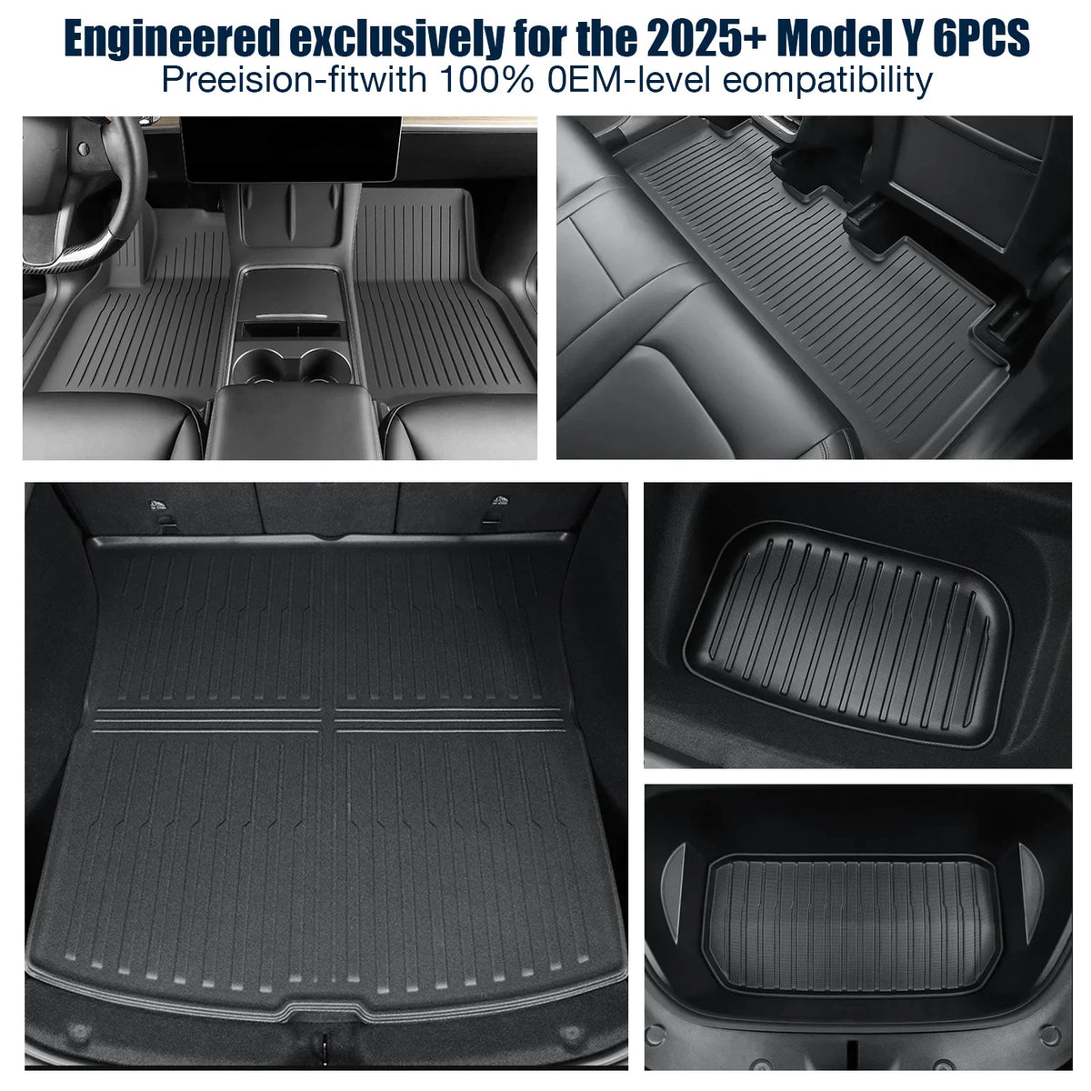 Detailed views of black all-weather TPE car floor mats installed in the front, rear, trunk, and frunk