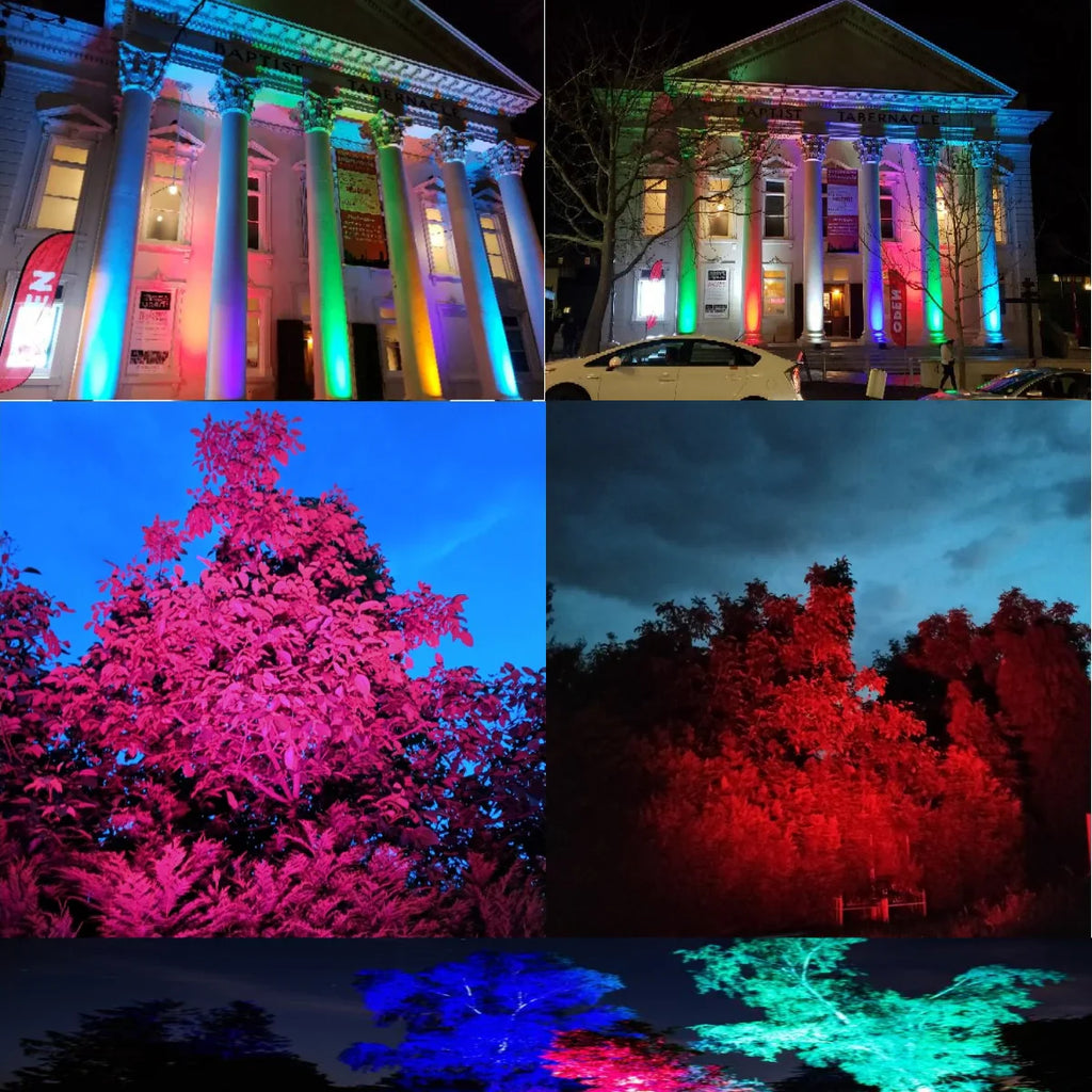 Collage of outdoor architecture and trees illuminated with colourful stage lights