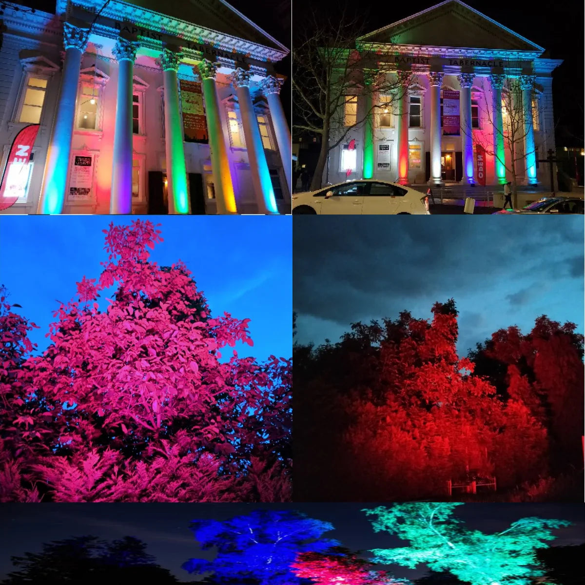 Collage of outdoor architecture and trees illuminated with colourful stage lights
