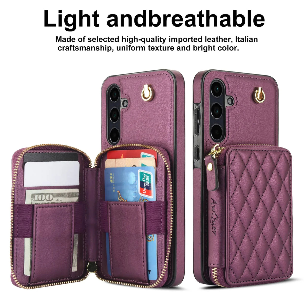 Purple quilted wallet phone case with card slots