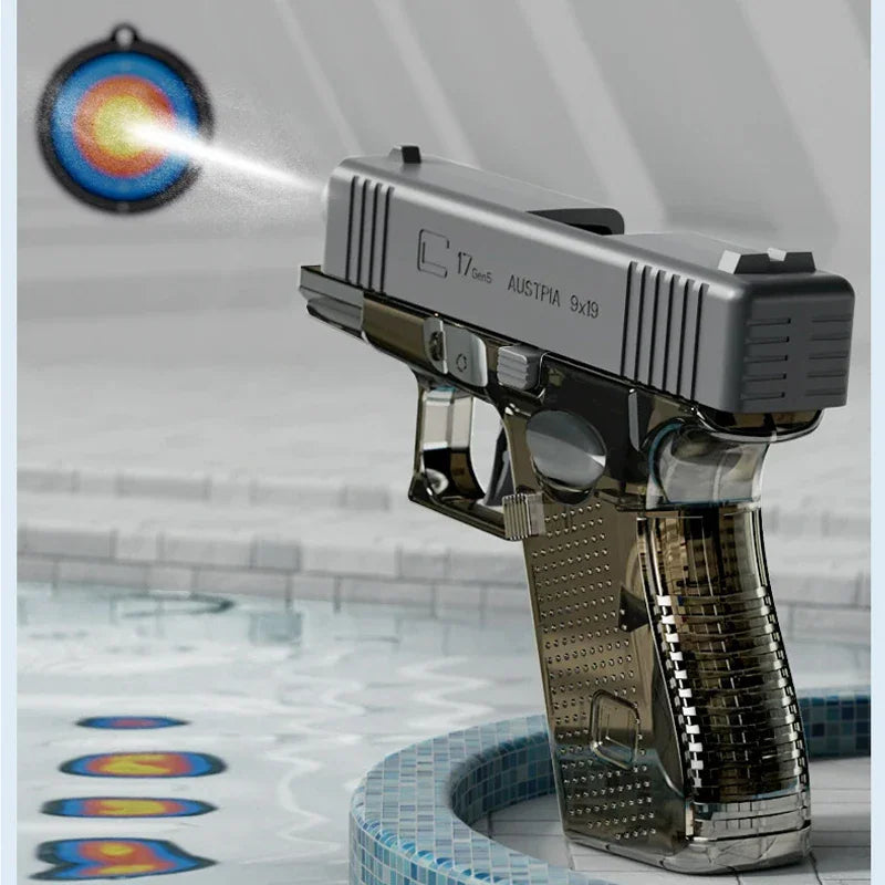 Grey transparent water pistol toy shooting at a target