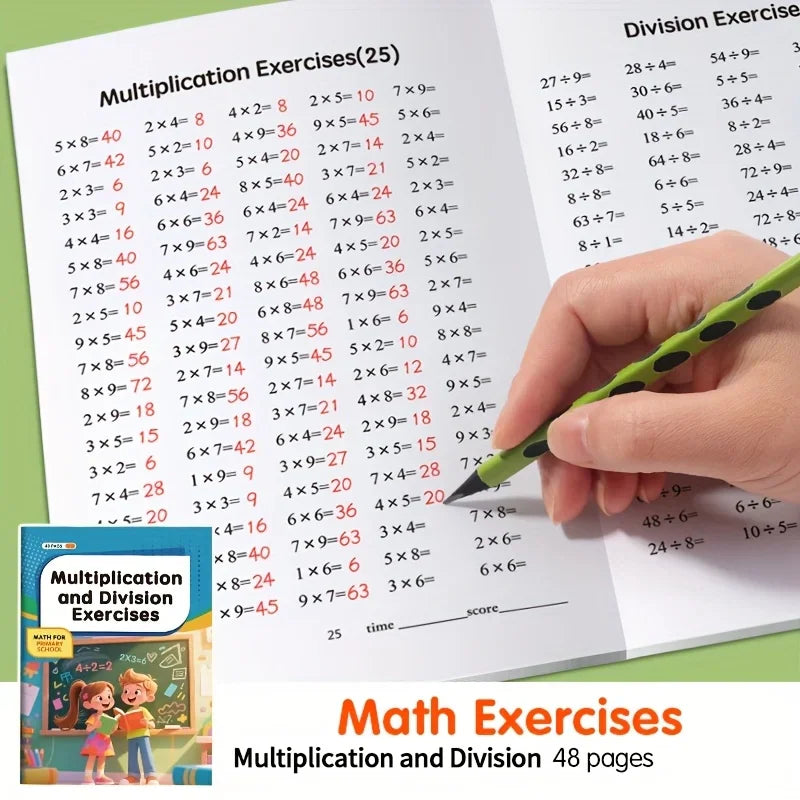 A workbook page of multiplication and division exercises alongside a smaller view of the book cover.