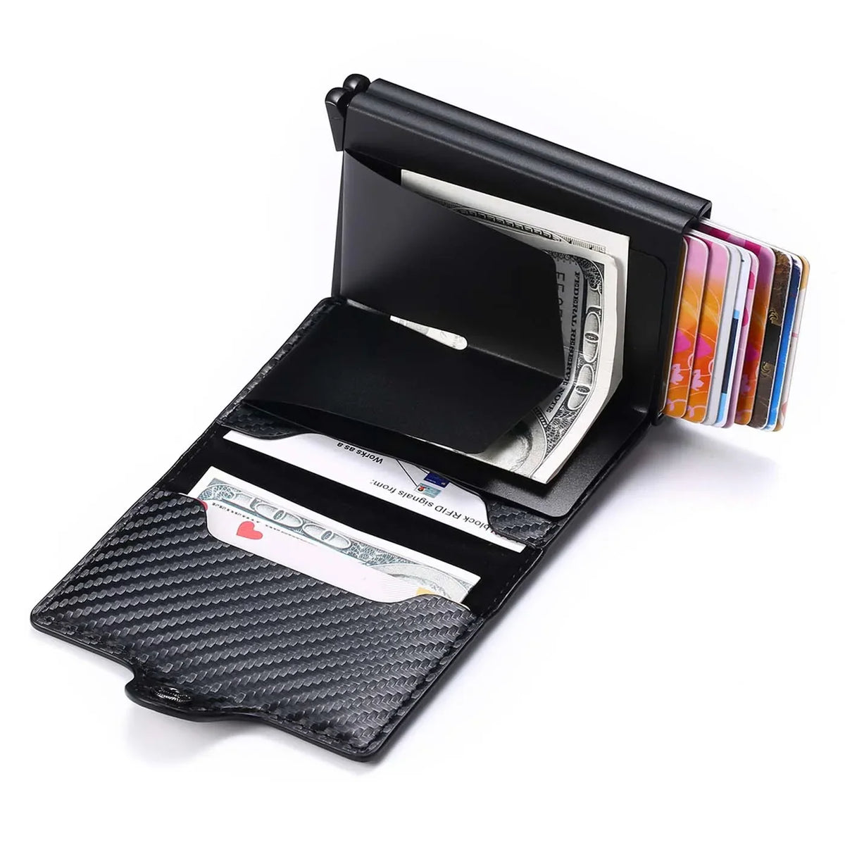 Open slim RFID-blocking wallet showing internal card slots and money compartment.