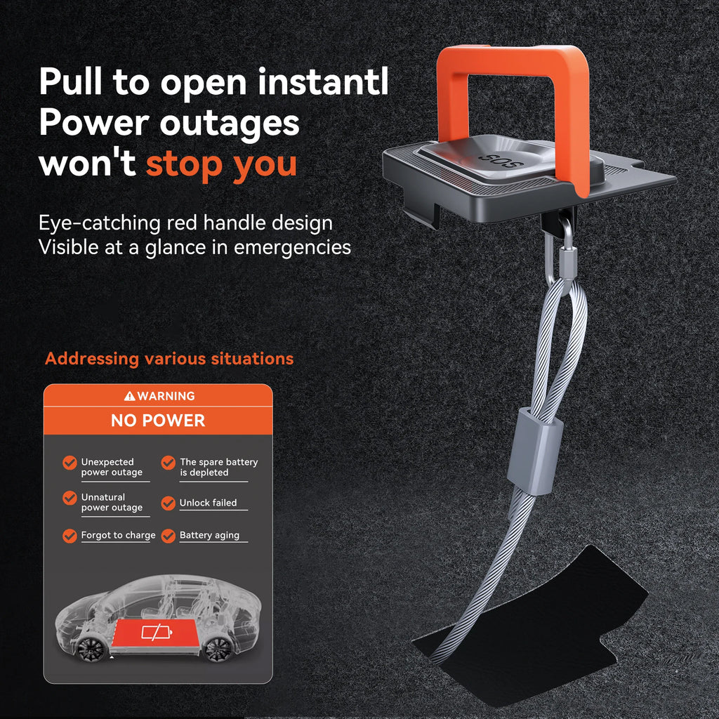 Orange emergency car door pull handle with metal wire and power outage warning