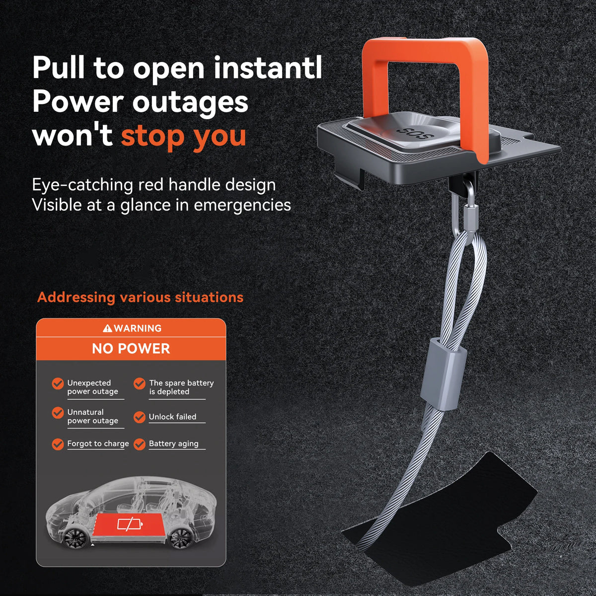 Orange emergency car door pull handle with metal wire and power outage warning