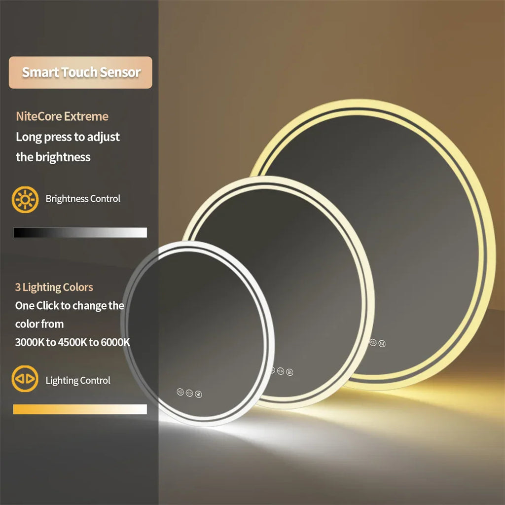 Round LED bathroom mirrors shown in three sizes with labels describing light settings and brightness controls