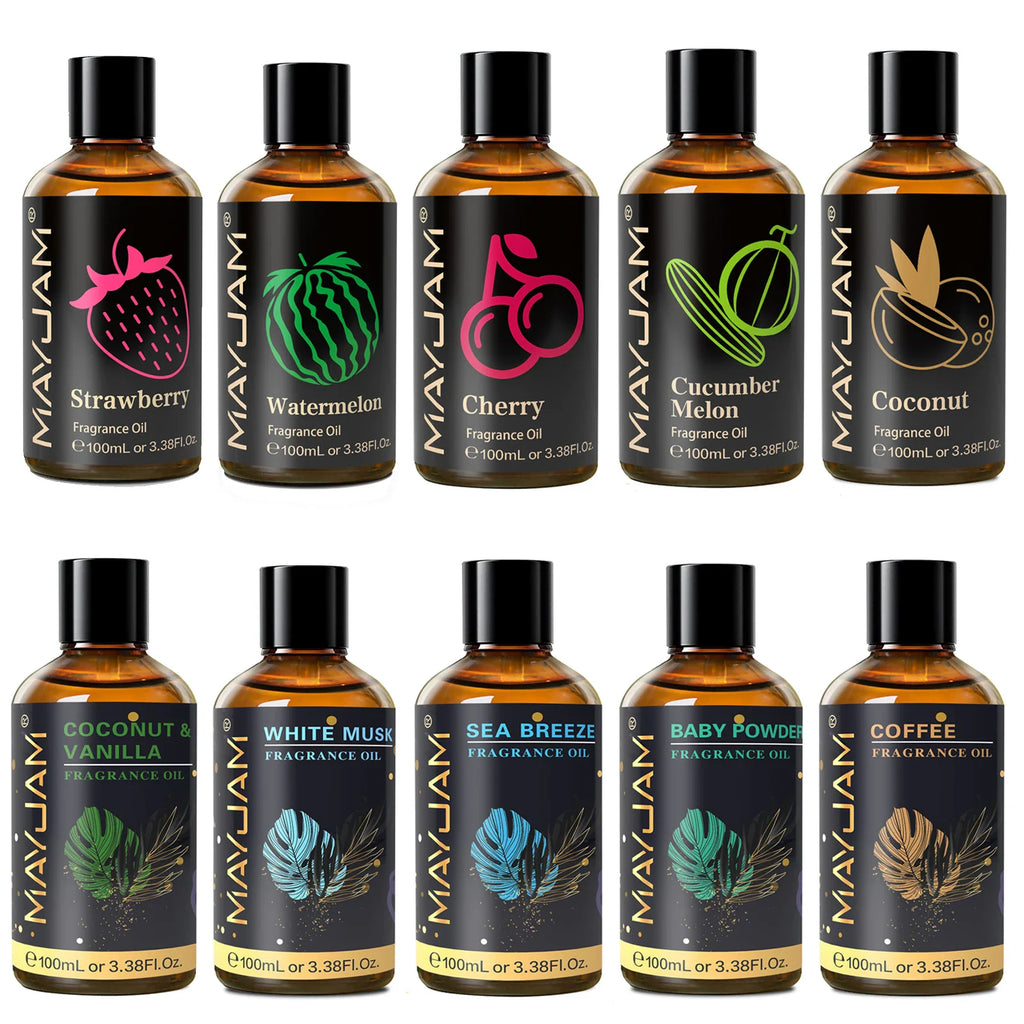 A set of ten fragrance oil bottles with different fruit and scent labels.