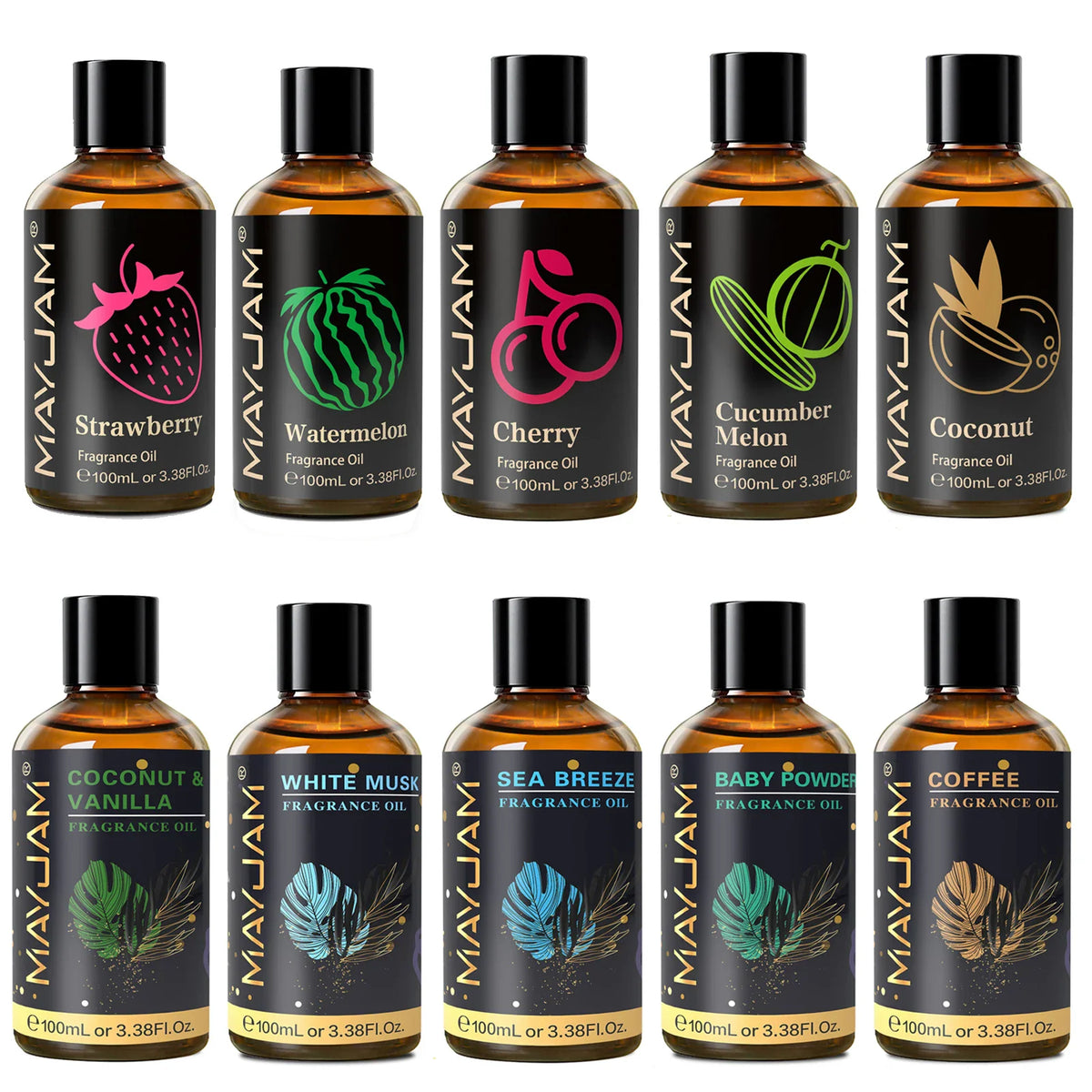 A set of ten fragrance oil bottles with different fruit and scent labels.