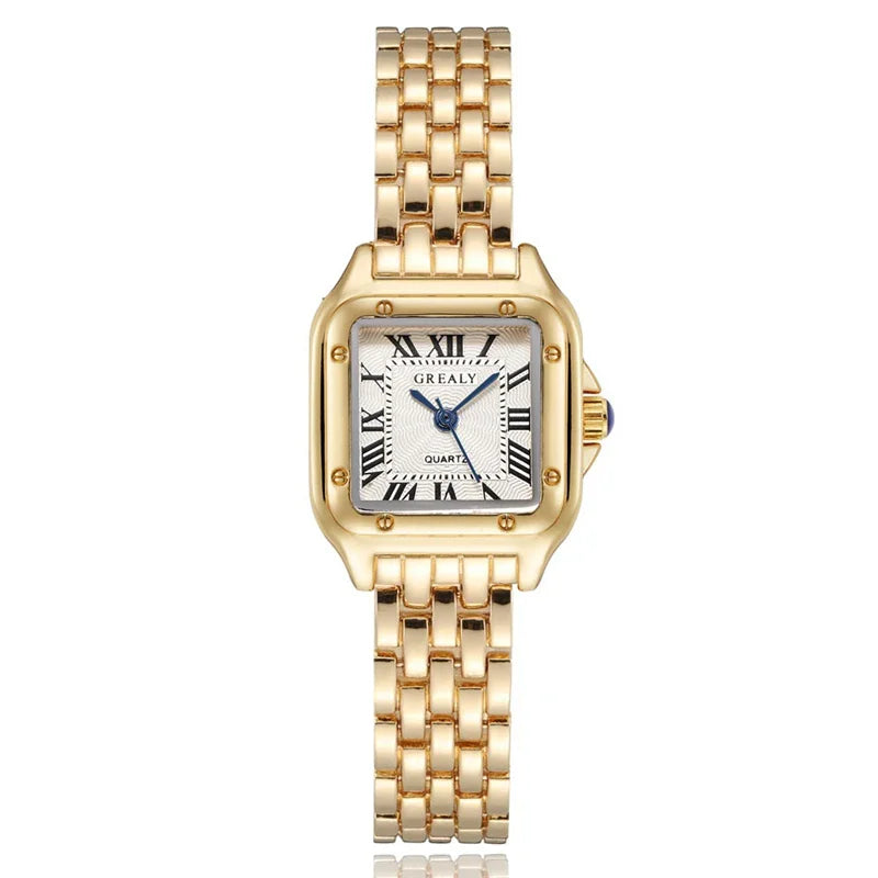 Gold square quartz watch with a white textured dial, Roman numerals, and a gold metal link strap