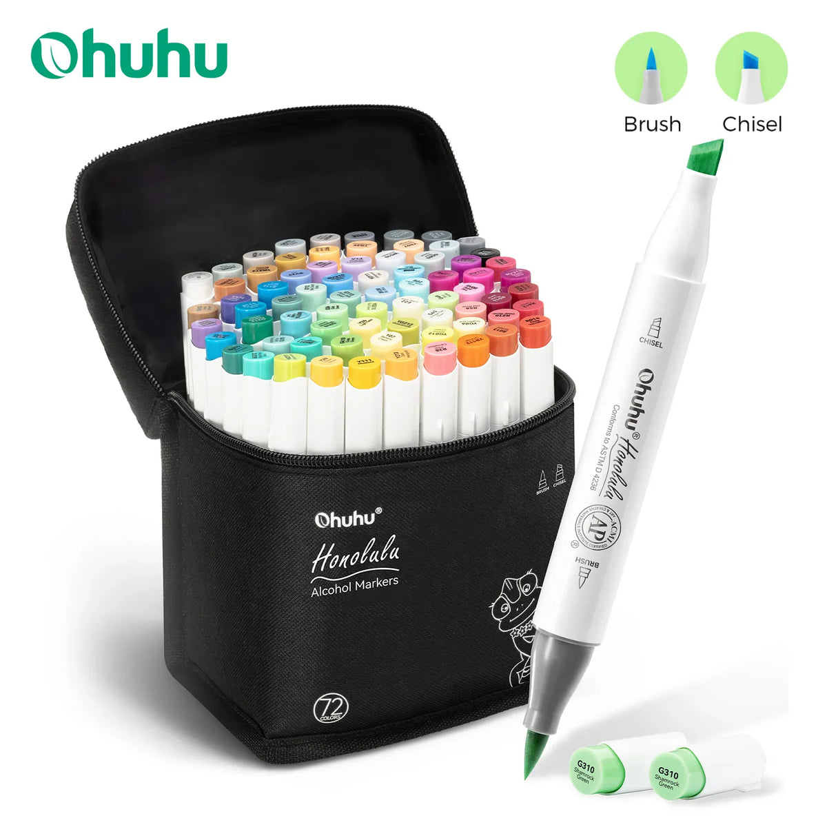 72-piece alcohol marker set in a black carrying case with brush and chisel tips