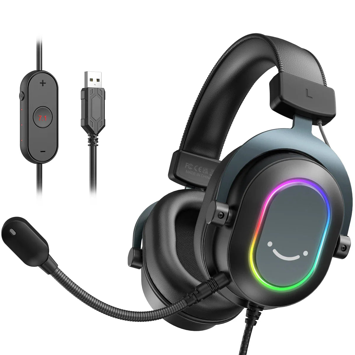 Black wired gaming headset with microphone, RGB lighting and USB cable with in-line control module