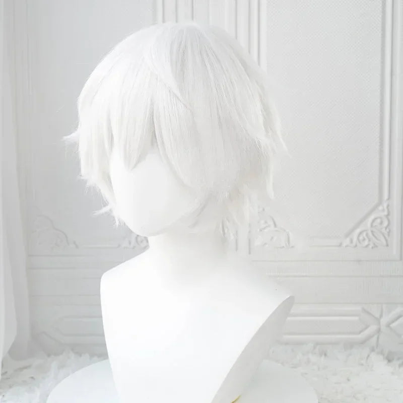 Short white fluffy anime-style cosplay wig on a white mannequin head, slightly angled view