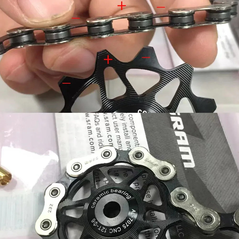 Close-up of a bicycle chain teeth engagement on a derailleur jockey wheel