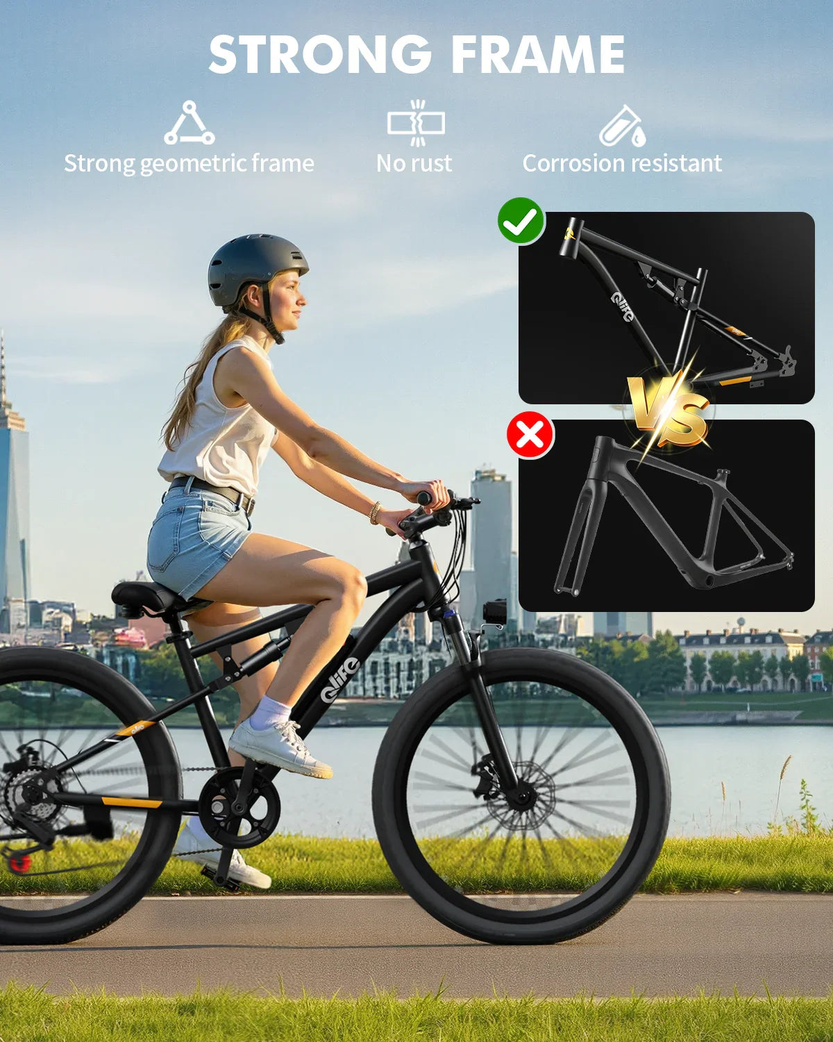 Woman riding an electric mountain bike, comparing the bike frame strength