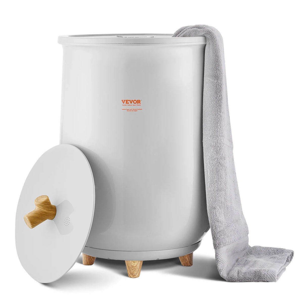 A white cylinder-shaped towel warmer bucket with a wooden-style lid handle and a grey towel inside