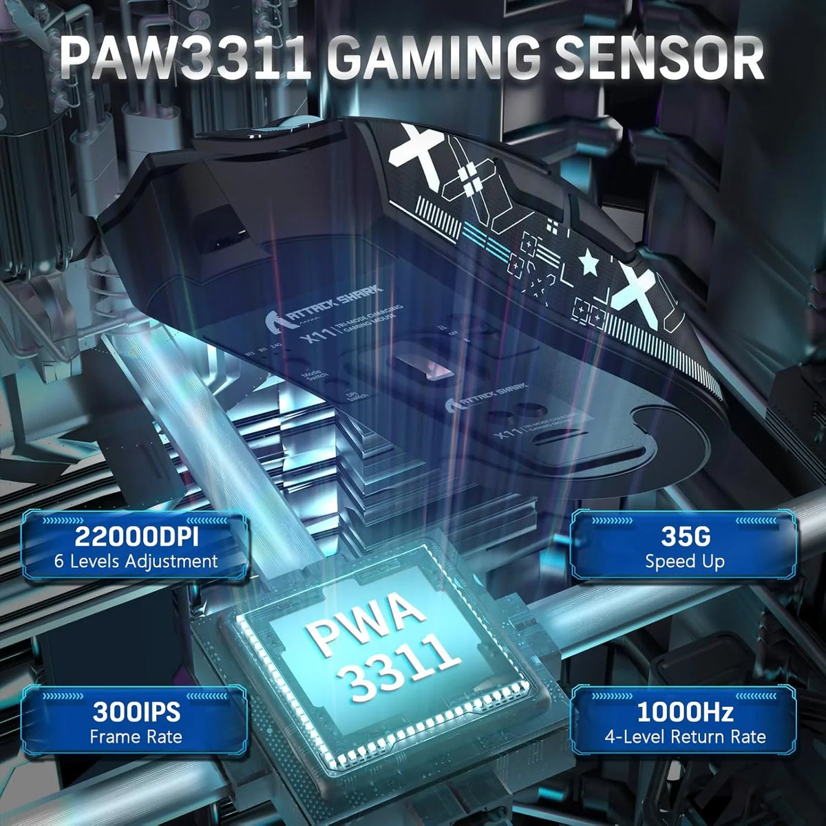 Internal view of a gaming mouse showcasing the sensor chip, weight and polling rate technical details