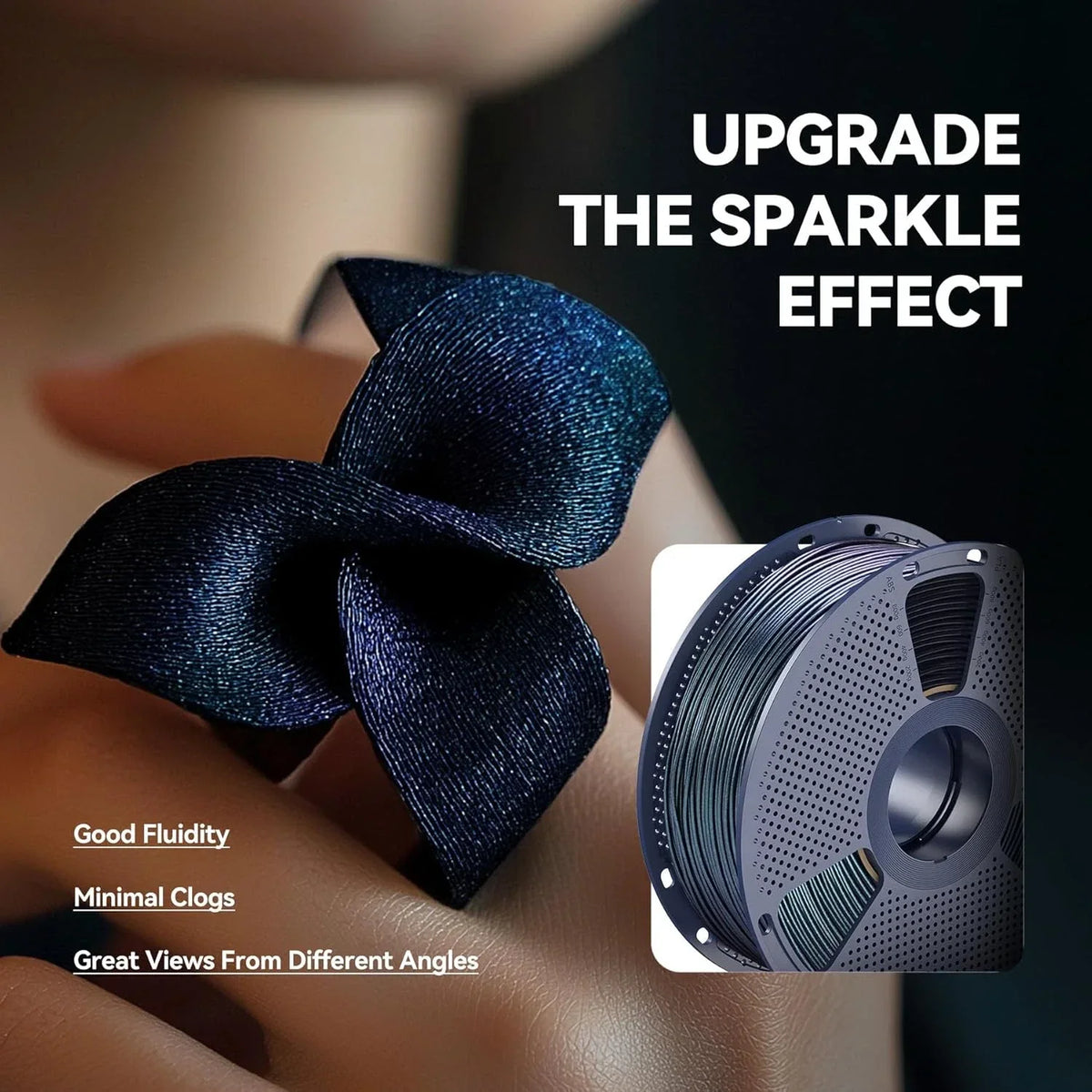 3D printed flower sculpture using dark blue glitter filament with spool inset