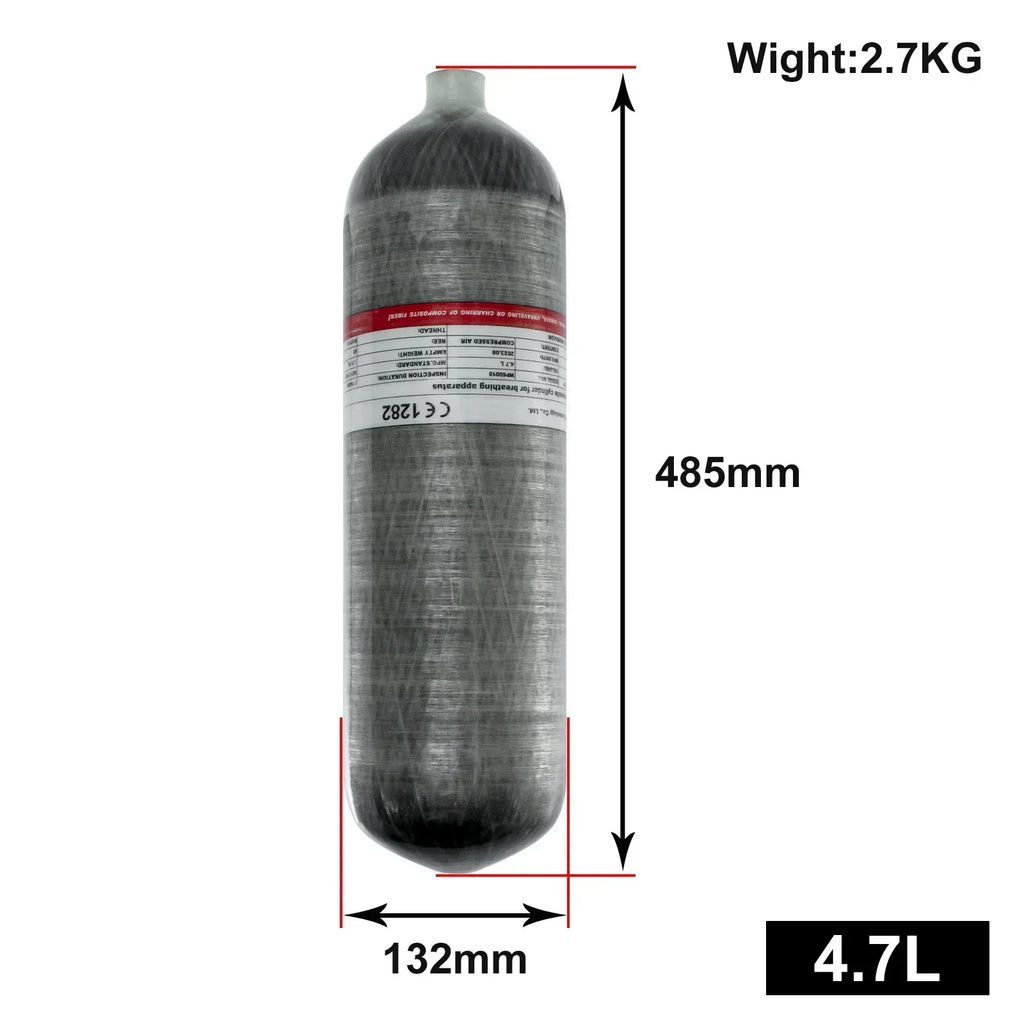 Carbon fiber air cylinder with dimension and weight specifications