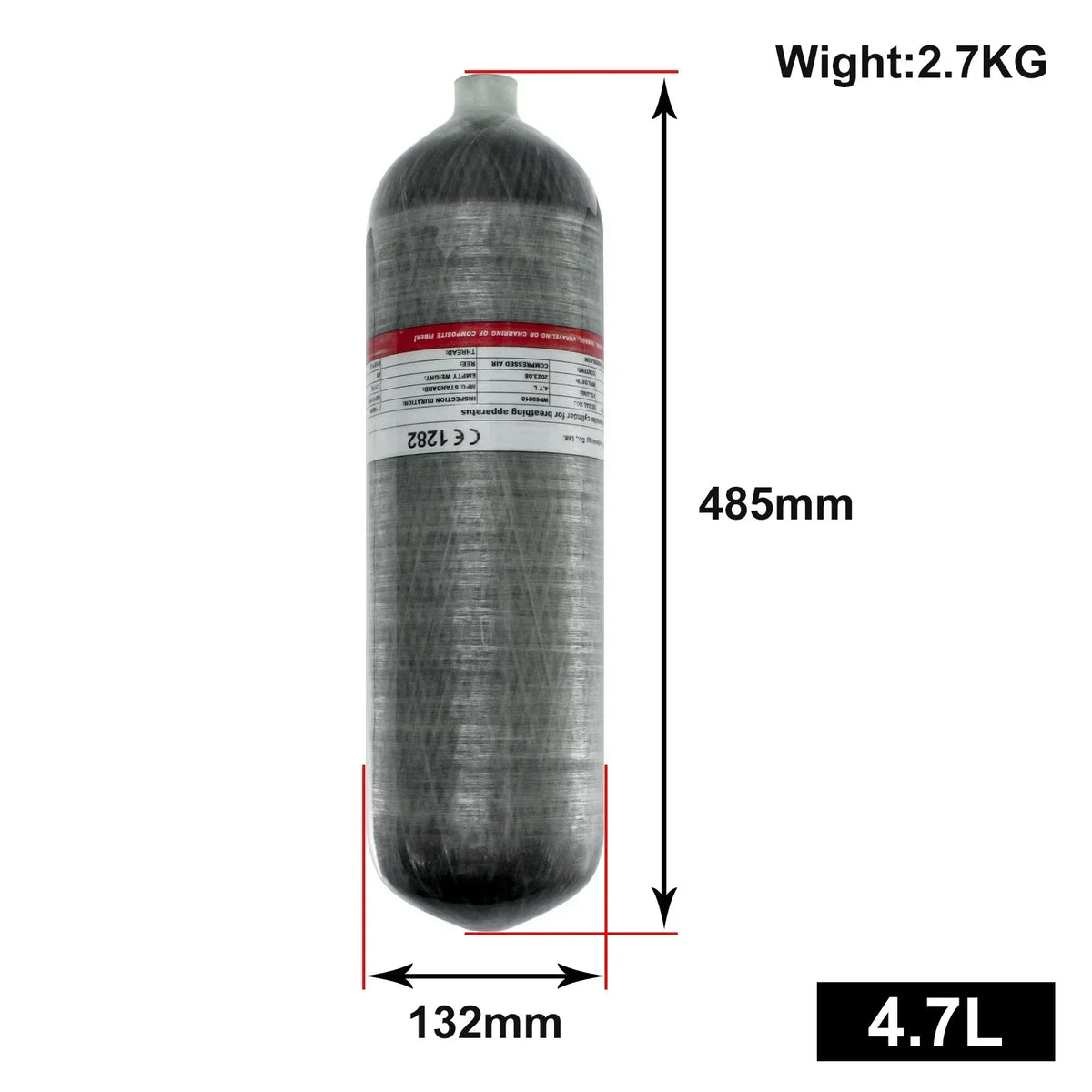 Carbon fiber air cylinder with dimension and weight specifications