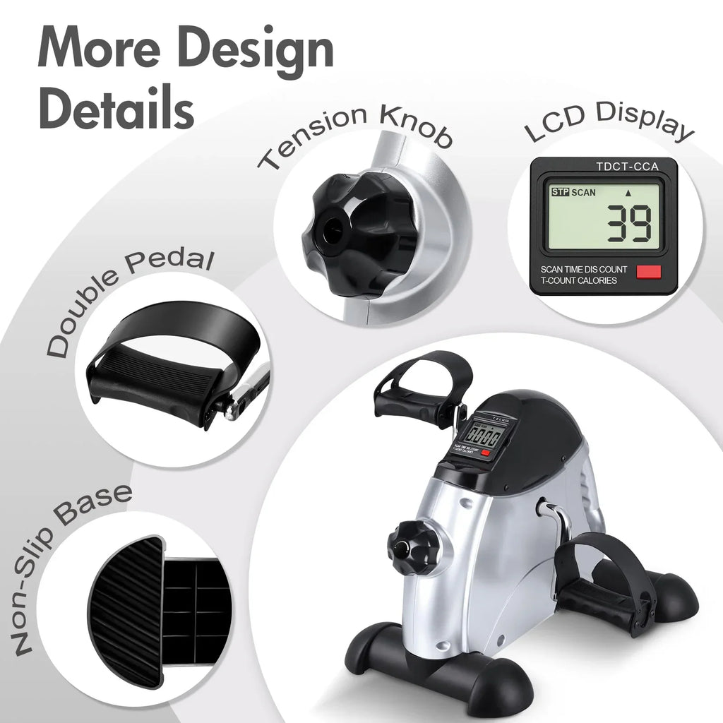 Detailed features of a compact pedal exerciser including LCD screen, tension knob, and non-slip base