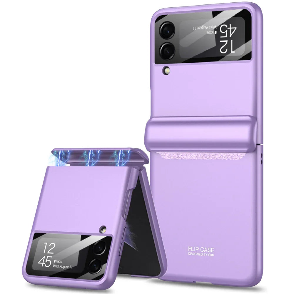 Purple magnetic hinge protective case for folding smartphone showing open and closed positions