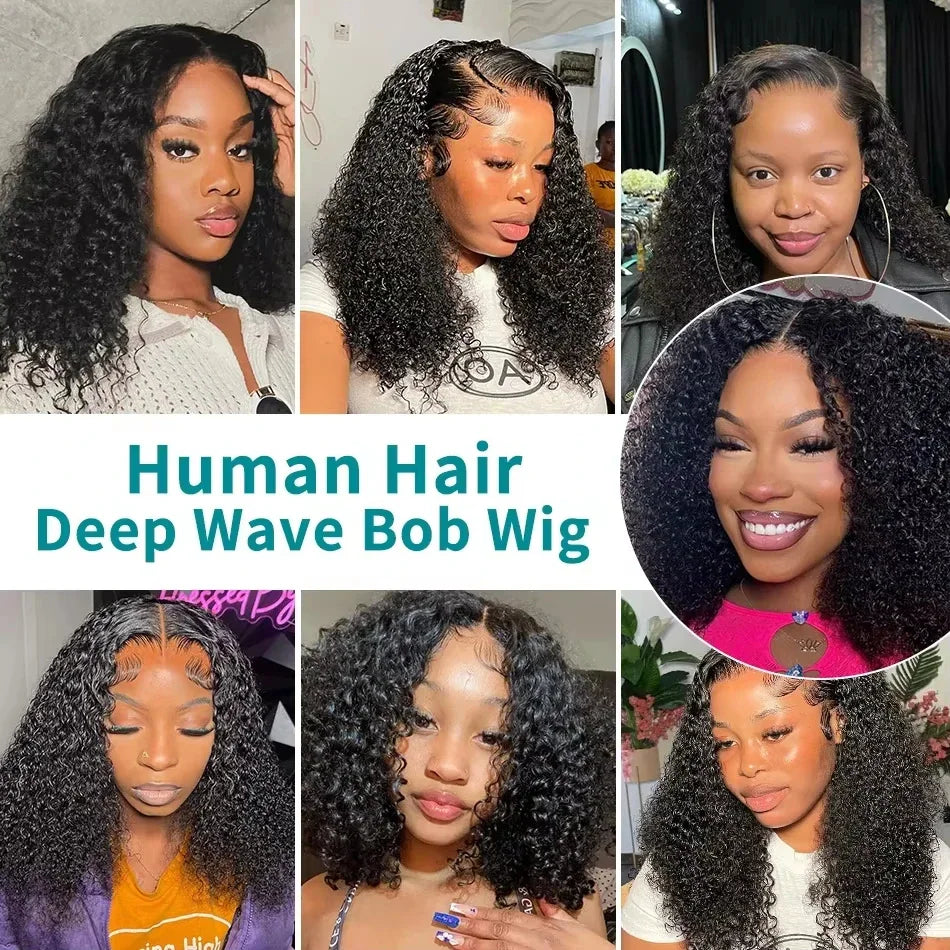 Collage of different women wearing deep wave human hair bob wigs