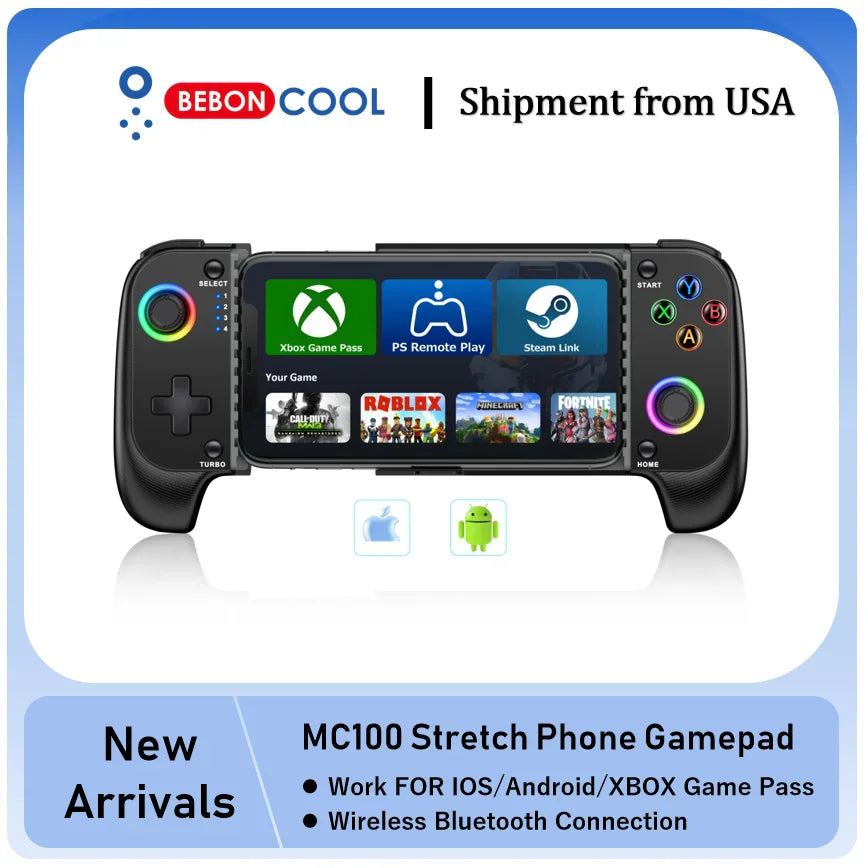 A telescopic smartphone gamepad with RGB joysticks showing game streaming service icons.
