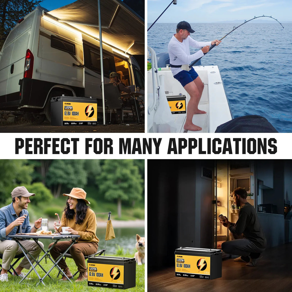 Deep cycle battery used in various applications like camping, fishing, and off-grid living